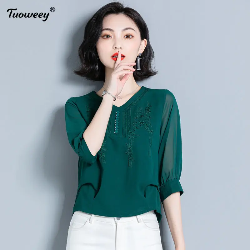 

2021 summer Women's Embroidery V-Neck Solid Color Casual Loose Tops Women's Spring Autumn Style Chiffon Blouses Shirt