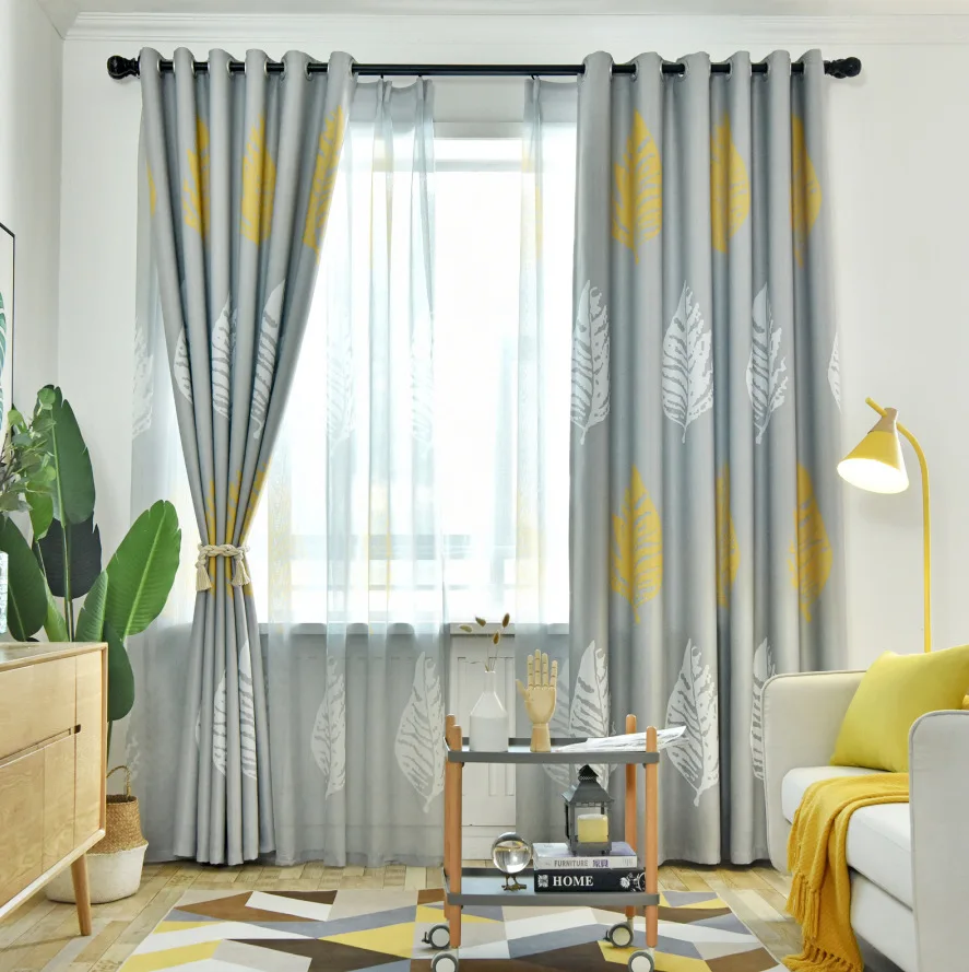 

Nordic Curtains for Living Room Bedroom Green Plant Leaf Curtain Simple Modern Thickening Curtain Finished Product Customization