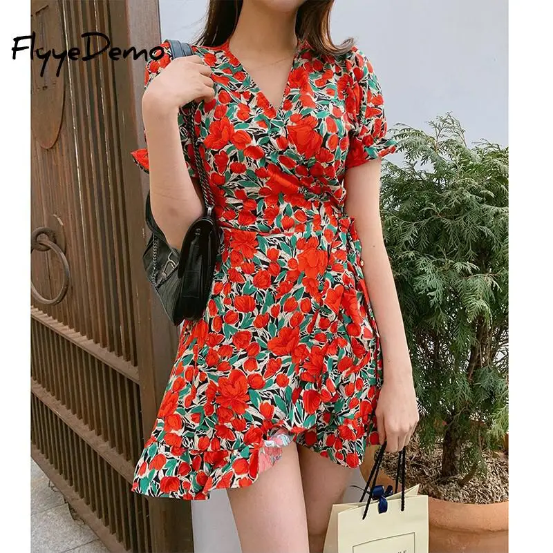 

2021 Summer Boho Floral Printed Mini Dress Women V Neck Holiday Beach Dresses A Line Short Sleeve Ruffle Wrap Dress Vestidos