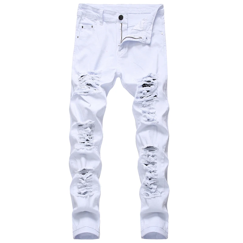 3 Colors Men Stretchy Ripped Skinny Biker Jeans Destroyed Hole Distressed Slim Fit Denim High Quality Jeans