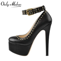onlymaker women black red round toe platform pumps ankle strap stiletto high heels dress buckle shoes large size