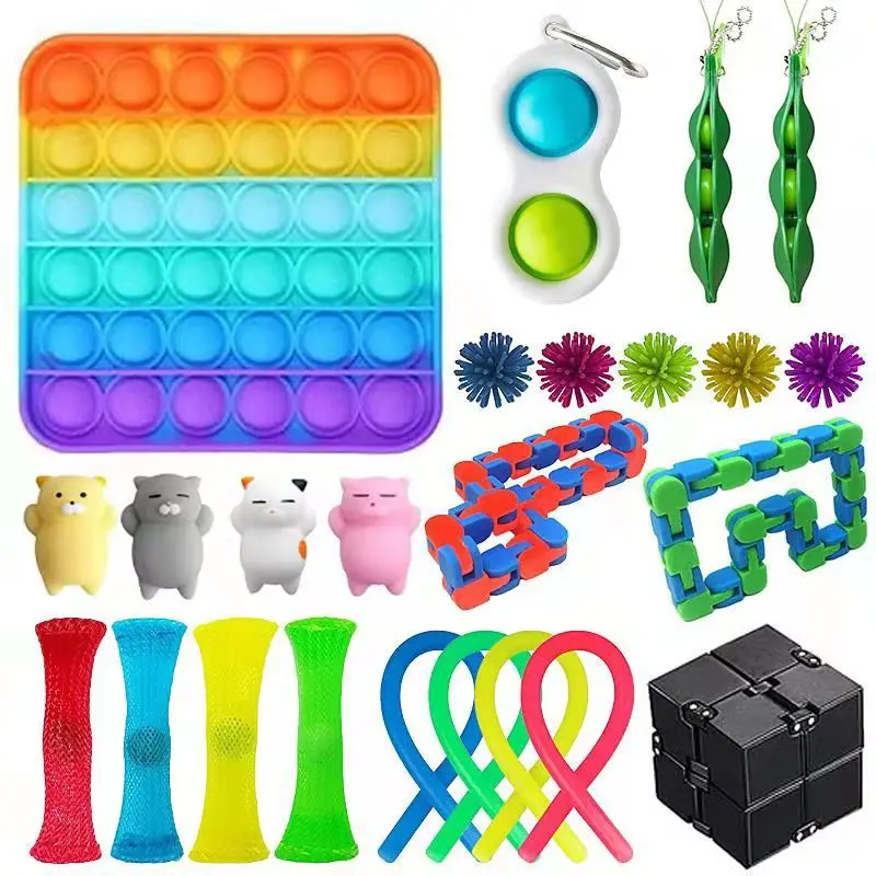 

24PCS Fidget Toys Random Anti Stress Relief Set Kit Push Bubble Rainbow Ball Hand Spinner Squishy Sensory Strings Decompression