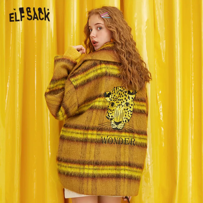 ELFSACK, клетчатое, леопардовое, с вышивкой, прямое, двубортное, шерстяное пальто для женщин, зима, с буквенным принтом, повседневная, женская, теплая верхняя одежда