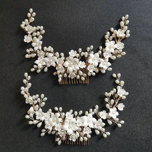 slbridal handmade crystal rhinestone pearls ceramic flower bridal hair comb wedding hair accessories bridesmaids women jewelry free global shipping