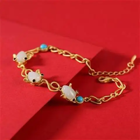 

Original S925 Sterling Silver Gilding Hetian Jade Creative Upscale Personality Fish Temperament Wild Ladies Bracelet Bracelet