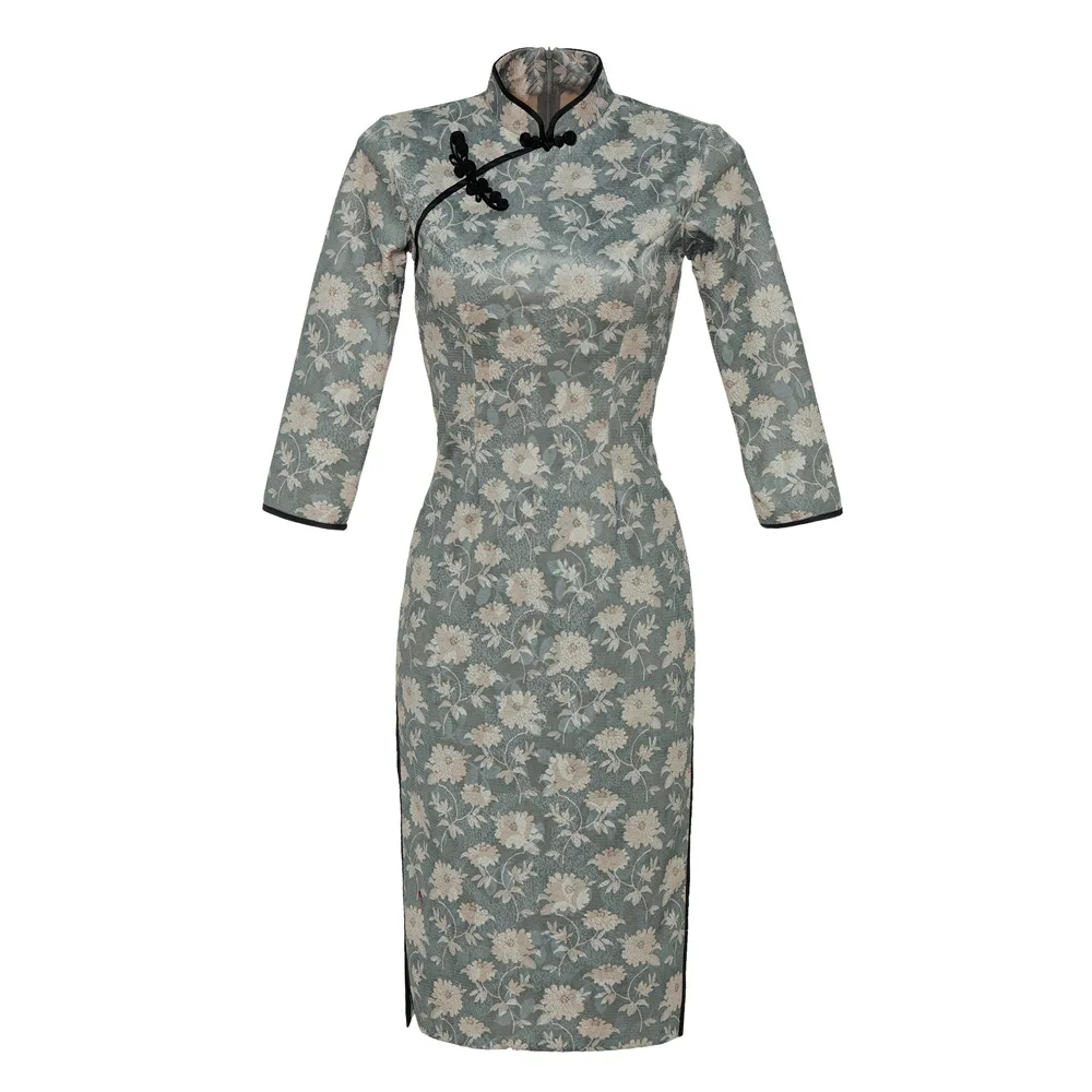 Пикантное серое короткое платье Ципао с цветочным принтом в стиле оверсайз 3XL