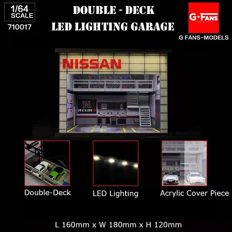 

Diorama POP Toys 1/64 G-Fans Double-Desk LED Lighting Nissan Garage Model Car Collection Display Gifts Toy