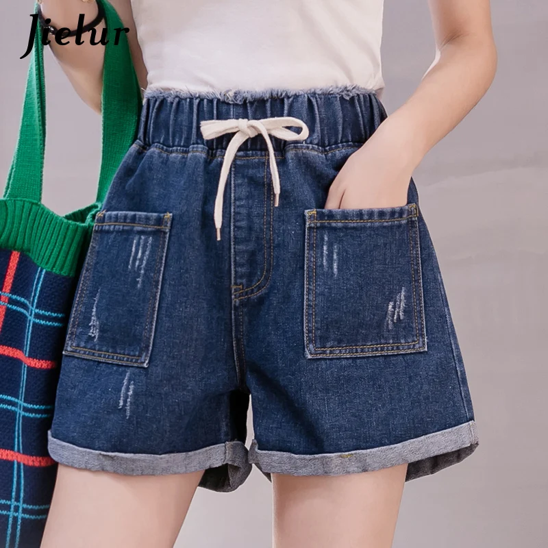 

Jielur A-line High Waist Denim Shorts Female Cuffs Blue Drawsrting Pockets MIni Jeans Elastic Waist Loose Shorts Womens Summer