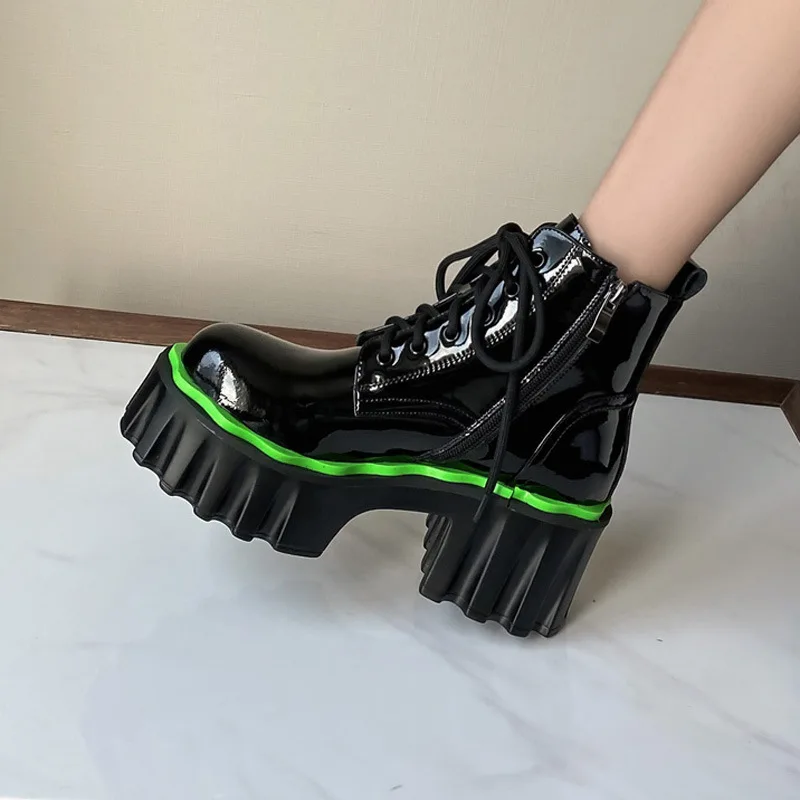 

Round Toe Short Boots 2021 New Thick Heel Cross Lace Up Patent Leather Single Shoes Fashion Women's Boots Elegant Elegant Exq