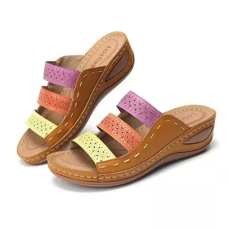 

Platform Outside Mixed Color Open Toe Flat Bottom Women Sandals Summer New Women Slippers Fashion Low Heels Breathable