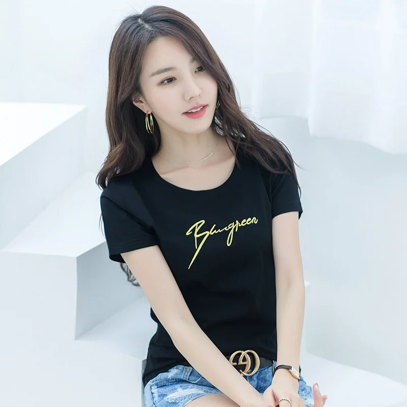 

Mercerized cotton t-shirt female 2021 spring and summer new short sleeve round neck embroidery English comfortable pure cotton