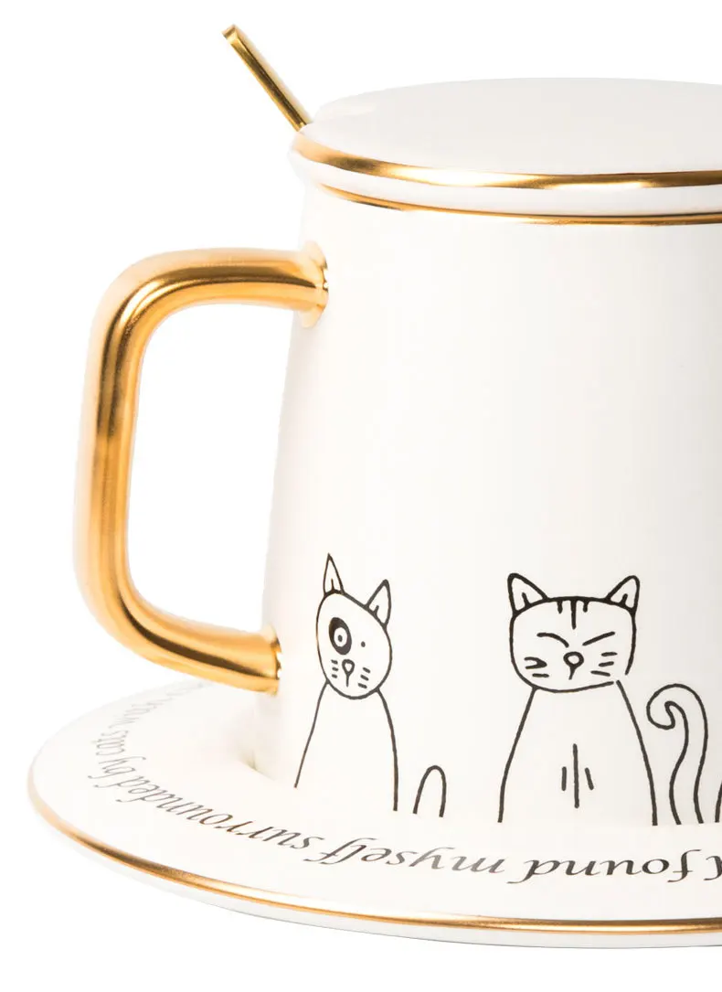 Керамические кофейные чашки с милым котом Мультяшные кружки подносом и ложкой