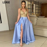 lorie satin with lace evening dresses deep v neck sleeveless prom dresses a line sexy backless slit formal occasion gowns 2021