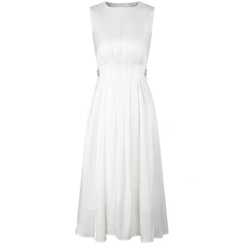 

Chohill-iFashion Store Summer Women Dress Silk Satin Pleated Dress Sleeveless White Long Dress Elegant Dresses Maxi Dress