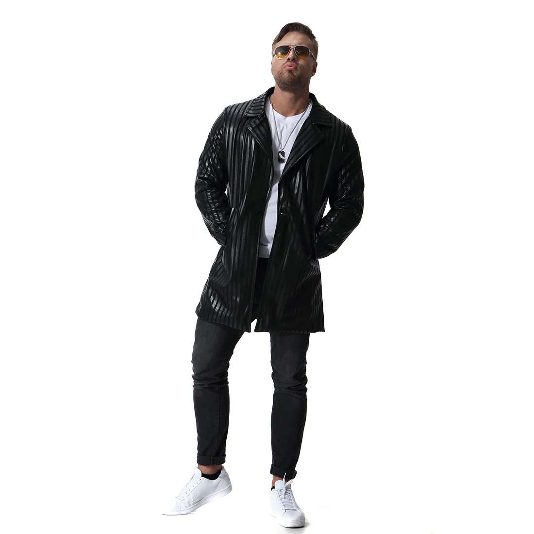 

European yards fall 2018 new men leather big yards long PU jackets in the European and American fashion style