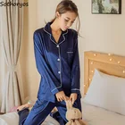 Женские пижамные комплекты, универсальная модная однотонная Домашняя одежда большого размера в Корейском стиле с отложным воротником, шикарные женские пижамы, 2020