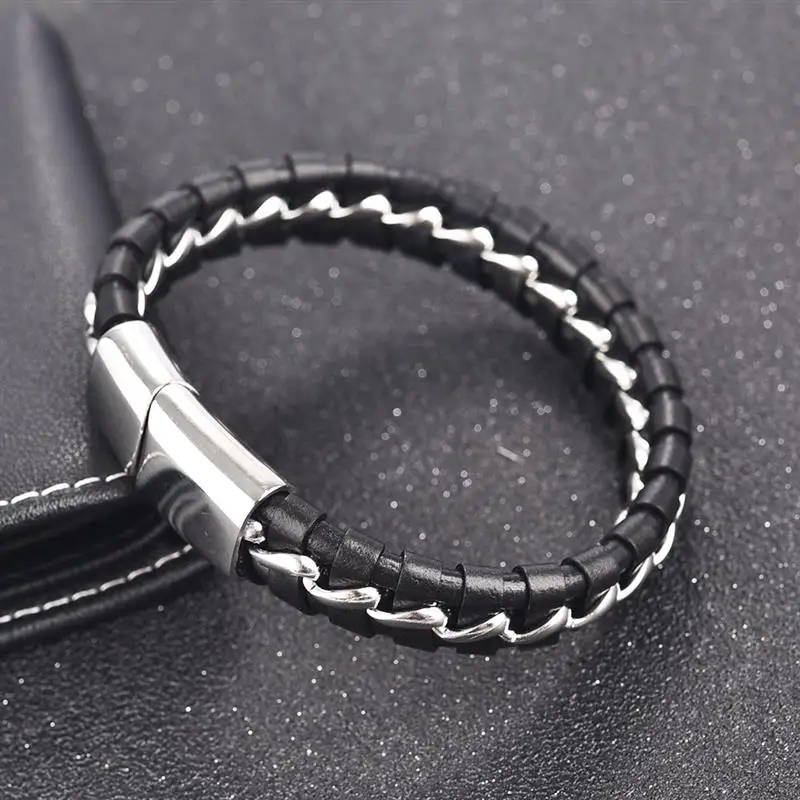 

New Fashion Bracelet for Men Genuine Leather Stainless Steel Bangle Punk Hiphop Rock Braided Retro Wristband Jewelry Male Gift