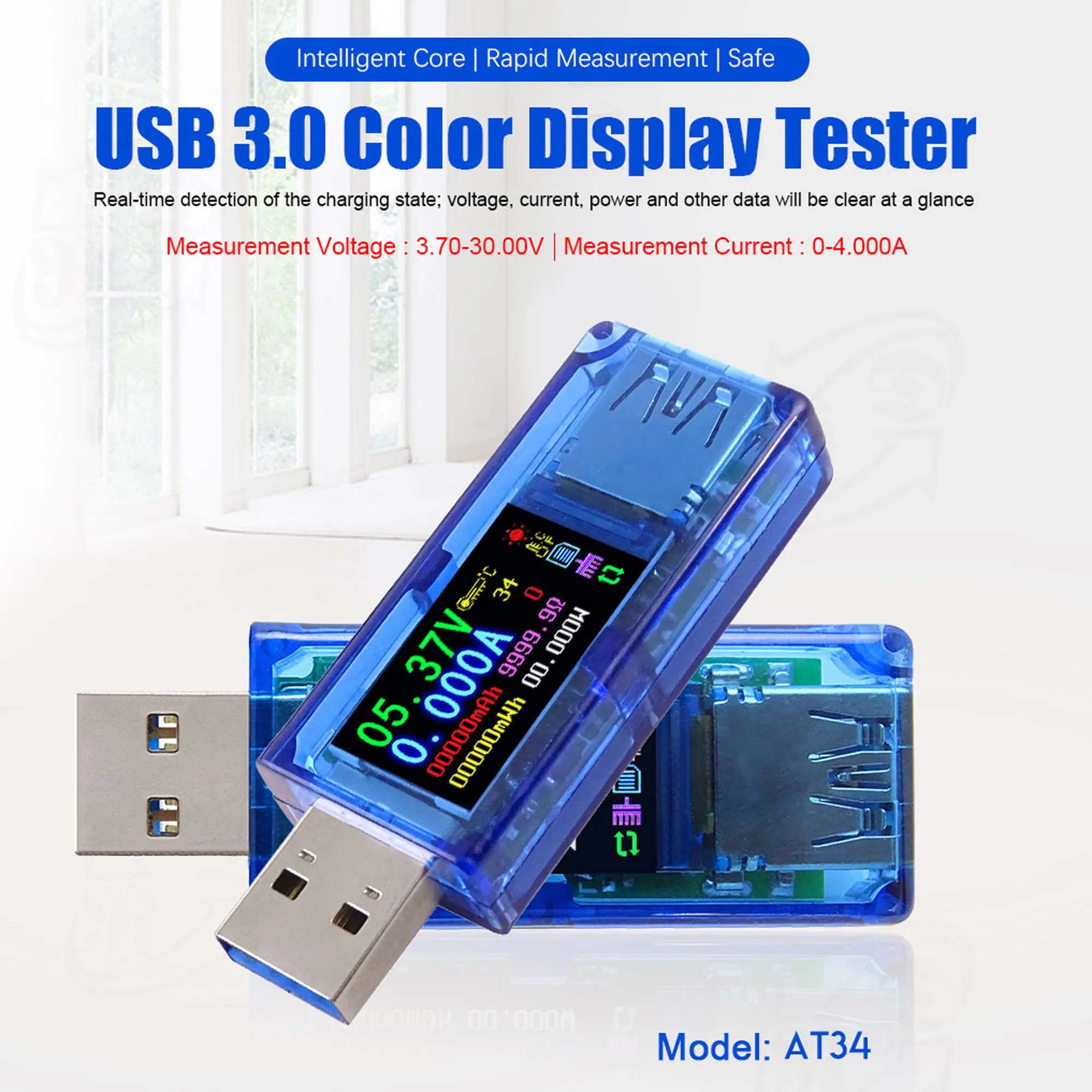 AT34 USB 3 0 цветной ЖК-Вольтметр Амперметр измеритель напряжения тока мультиметр