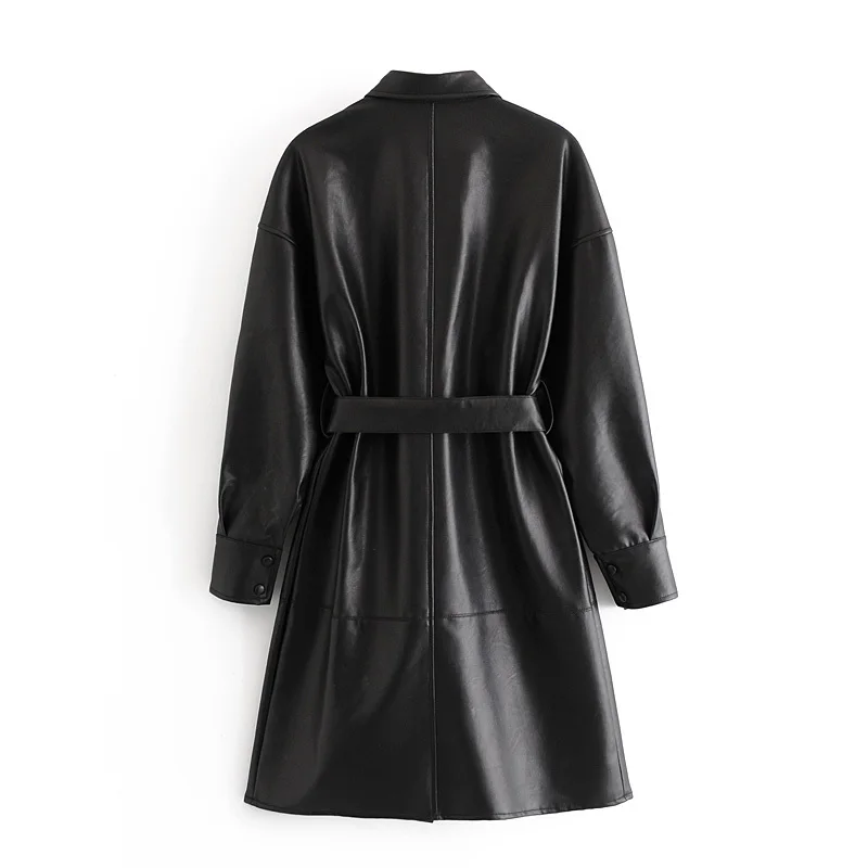 

XNWMNZ Za Cool PU Leather Long Jacket 2020 New Women Loose Belt PU Leather Windbreaker Trench Coat Slim Autumn and winter Jacket