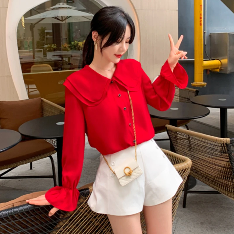 

Женская шифоновая блузка с длинным рукавом, корейский стиль, двухслойная рубашка с воротником и оборками, приталенная блузка, Новинка осени...