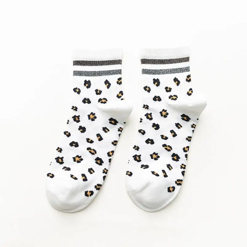Women Solid Leopard Cotton Socks Lurex Striped Cuff Socks Stripes Warm Thick Winter Socks Girls Pink Grey Ankle Socks 6pairs/lot