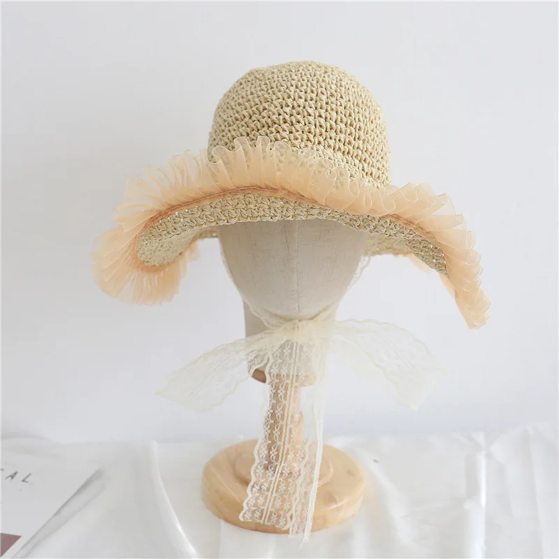 

New French Women Large Brim Straw Hat Lace-edge Casual Fisherman Hat Summer Sunscreen Straw Hat Vacation Beach Hat