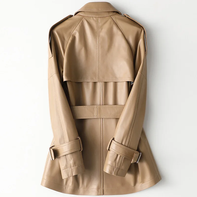 Cute Slim Fit Medium Length Khaki Overcoat with Belt Classic 2021 New Real Leather Office Coat Women's Spring Sheepskin Jacket