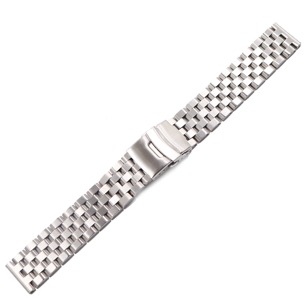 Rolamy 22mm Silver Solid Links Replacement Watch Band Strap Bracelet Double Push Clasp For Seiko
