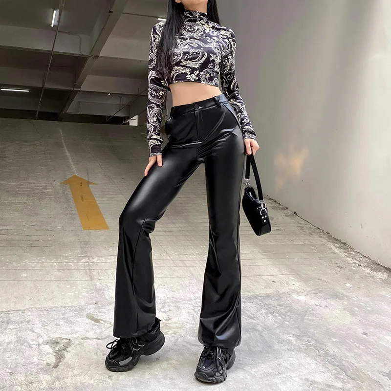 

Vintage Faux PU Leather Black Pants Women High Waist Elegance Fashion Skinny Long Trousers Ladies Solid Pants Autum Winter Mujer