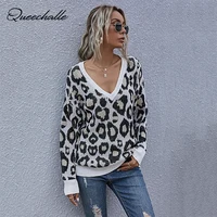 Leopard Sweater 2021 Spring Autumn Deep V neck Loose Knitted Pullover Long Sleeve Casual Knit Sweaters for Women Jumper Tops