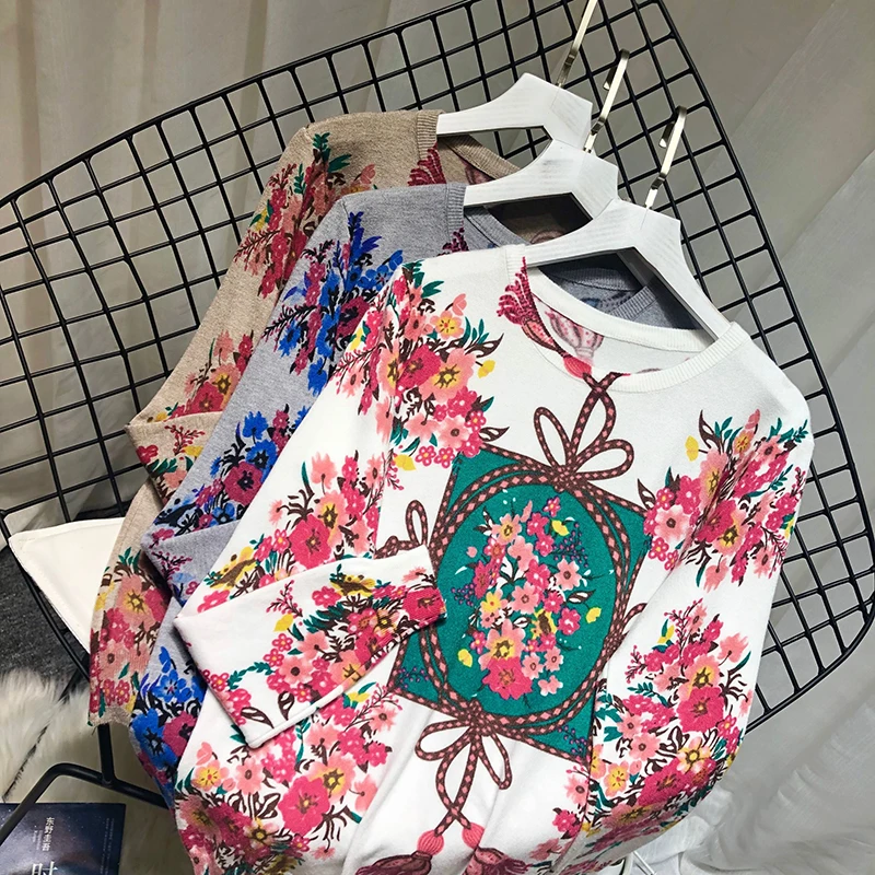 ALPHALMODA цветочные модные женские свитера с принтом круглым вырезом и длинными