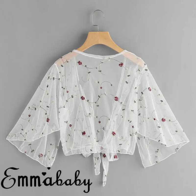 Летняя женская сетчатая блузка с цветочной вышивкой Свободная шифоновая одежда