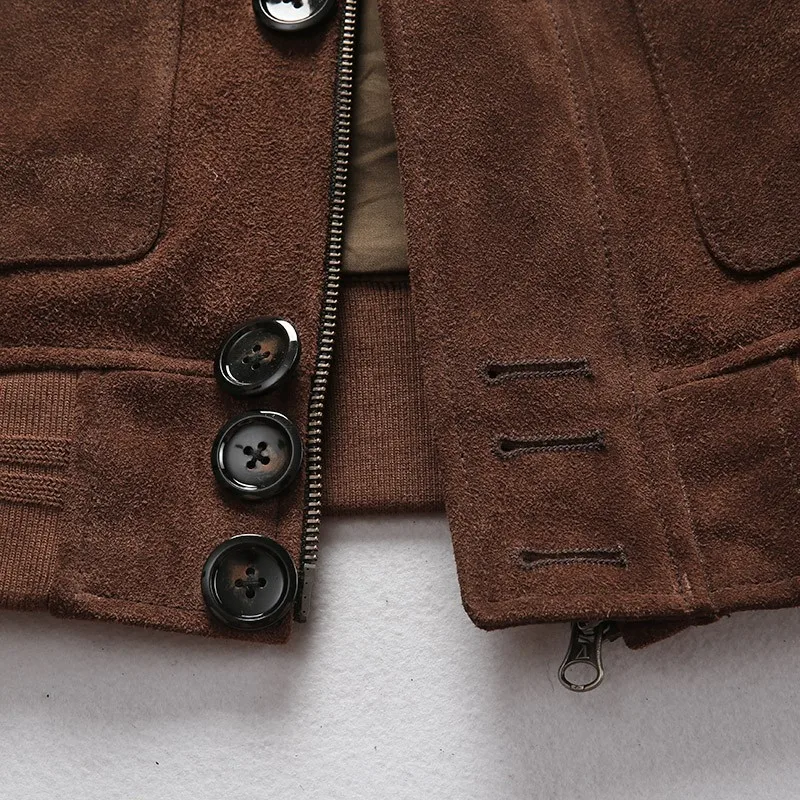 

Force Air Vintage Mens Natural Cow Suede Jacket Luxury Stand Collar Pocket Aviator Flight Genuine Leather Bomber Jacket Man Coat