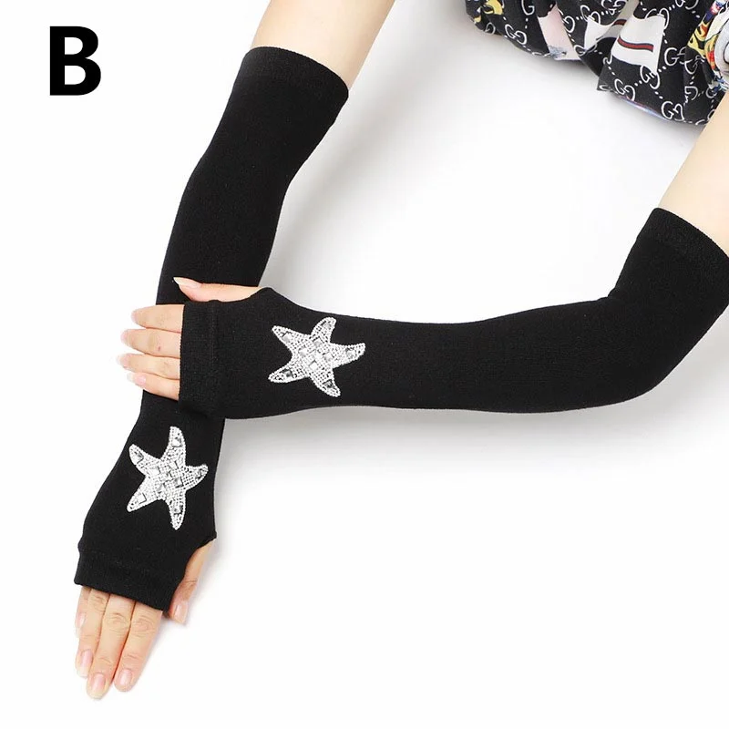 Женские зимние перчатки Стразы вязаные эластичные с открытыми пальцами длинные