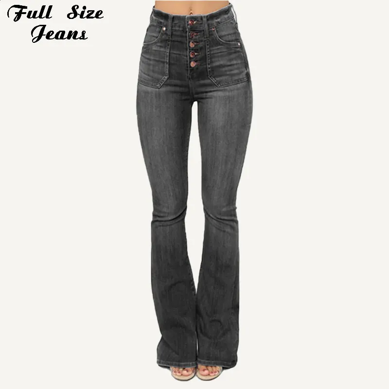 

Spring Women Plus Size Button Up Design Pockets High Waist Flare Jeans 4XL Gray Black Light Blue Casual Bell-bottom Denim Pants