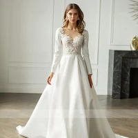 elegant long sleeves wedding dress satin beading lace backless princess a line bridal gowns vestidos de novia floor length 2021