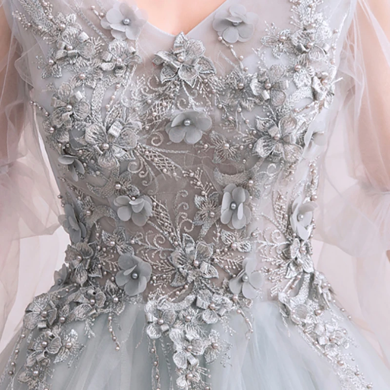 

Gray Luxury Evening Dress Illusion V-Neck Lace Tulle Ball Gown Appliques Pearls Embroidery Elegant Women Formal Dresses TS335