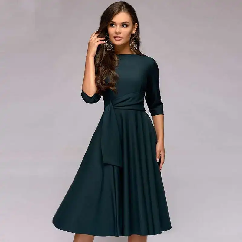 Брендовая одежда новые весенние платья для женщин 60S High Street Robe Swing Pinup элегантное вечернее платье с рукавом до локтя свободного покроя размера плюс Vestido - Цвет: Зеленый