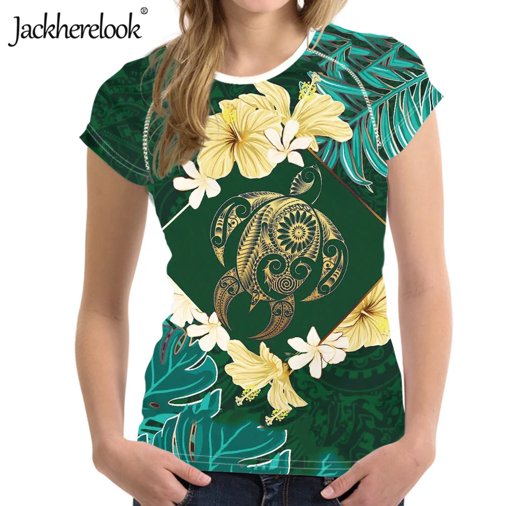 

Jackherelook Brand Designer Polynesian Turtle Hibiscus Plumeria Leaves Printing Short Sleeve O-neck Tops Shirts Famale Clothing