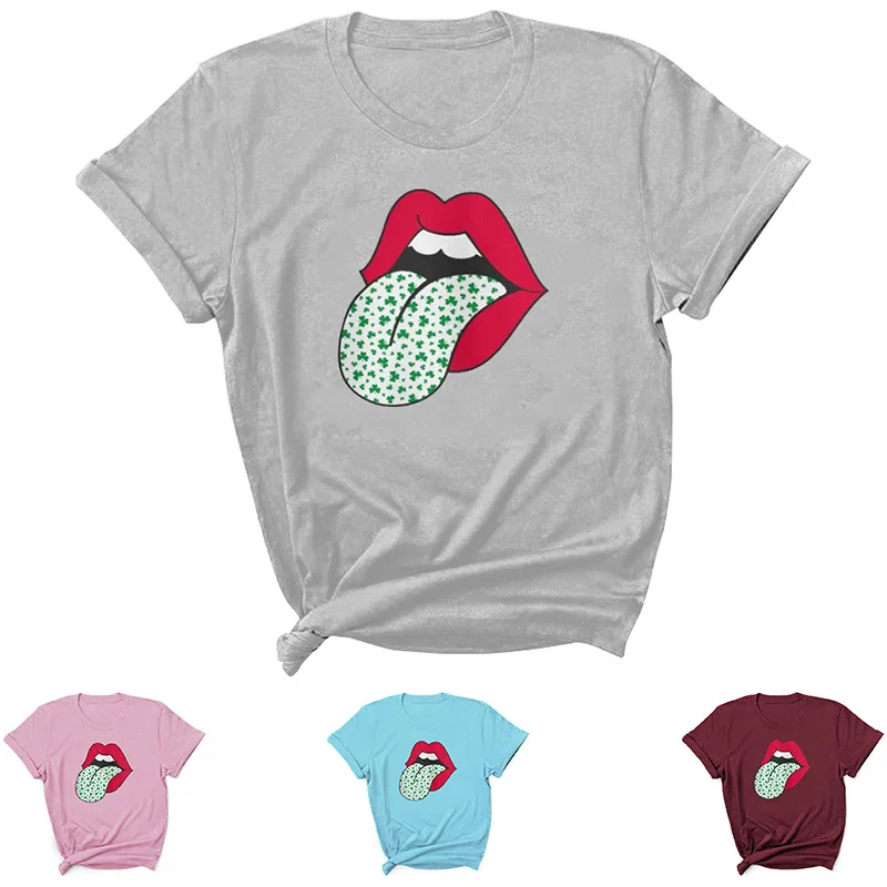 

Трилистник Клевера с принтом губ; Женская футболка с коротким рукавом с О-образным вырезом и Свободная Женская футболка женская футболка То...