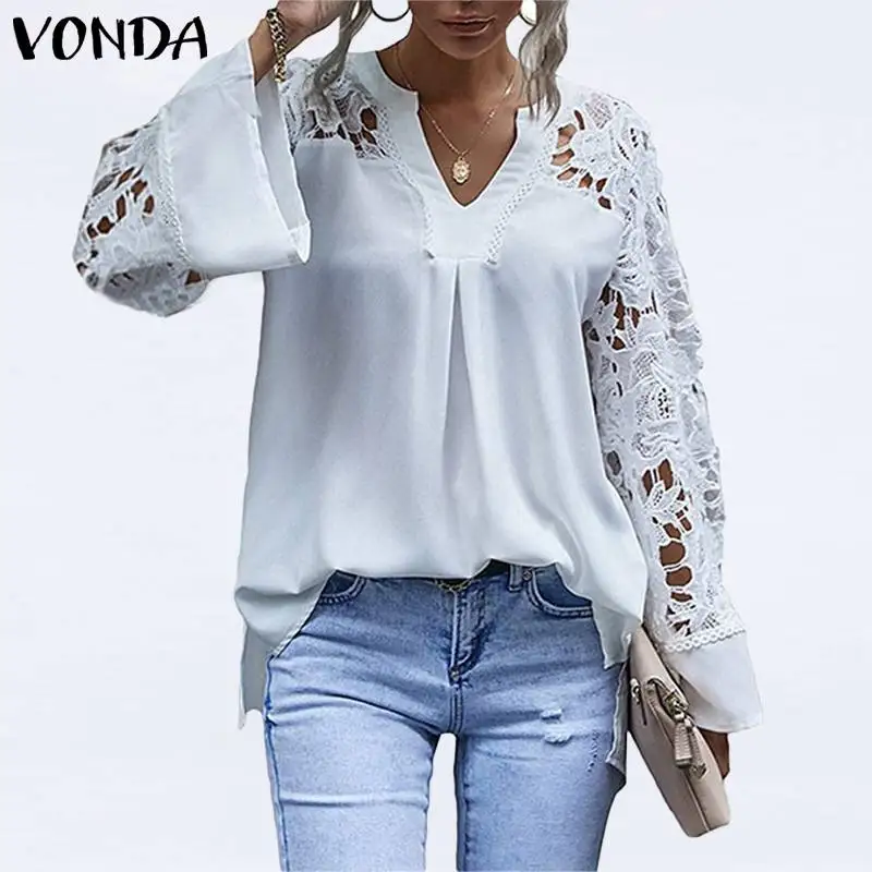 

Женская блузка VONDA с длинным рукавом и V-образным вырезом, Ажурные вязаные топы, богемные женские блузы, офисные элегантные топы