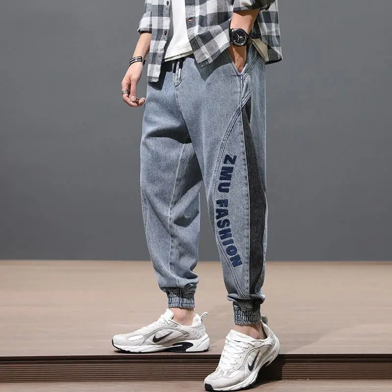 Ripped Jeans Mens Embroidery Harem Pants Spring and Autumn Loose Streetwear Hip Hop Sweatpants Elastic Waist Joggers Capri Pants