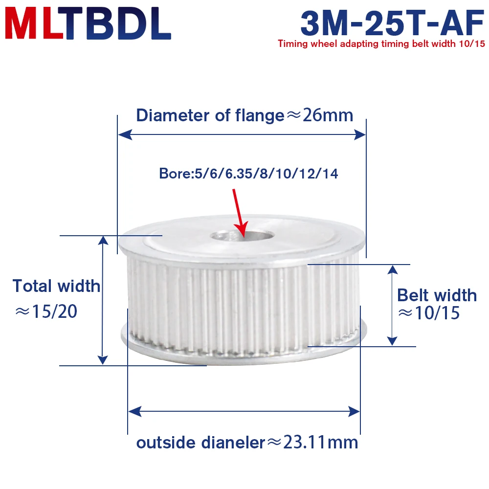 

25 Teeth HTD 3M Timing Pulley Bore 5/6/6.35/8/10/12/12.7/14mm for Width 10/15mm AF 3M synchronous belt HTD3M pulley 25Teeth 25T