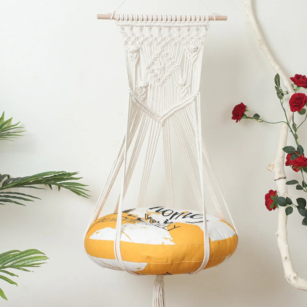 

1Pc Hanging Pet Pad Basket Knitted Cotton Rope Hammock Hanging Curtain (Beige)