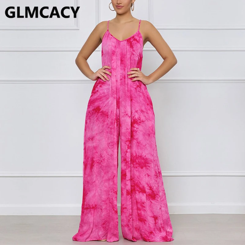 

Women Tie Dye Printed Spaghetti Strap Loose Jumpsuit Casual Summer Overalls