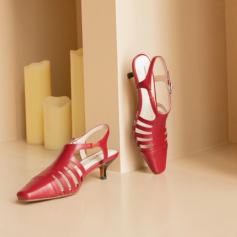 

Retro Style Women High Heel Sandals Genuine Leather Summer Shoes Woman Dress Shoes Size 34-40 Black Red White