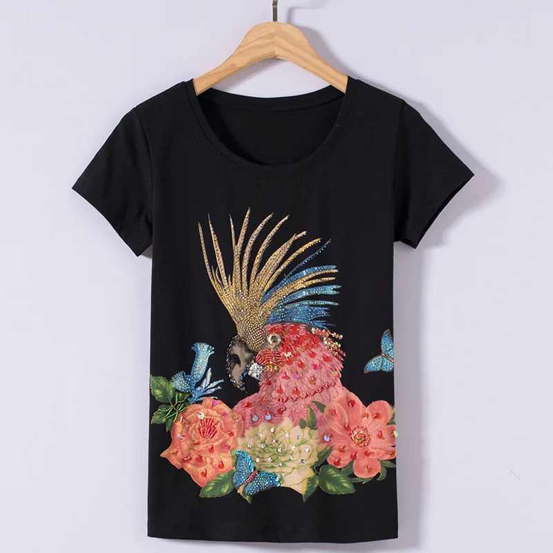 

2021 new short sleeve T-shirt women's fashion slim fitting hand nailed bead parrot T-shirt 1905
