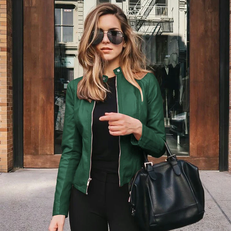 2020 autumn pu leather jacket for women Korean style biker jackets skinny o neck casual outwear solid coats femme chaqueta mujer | Женская