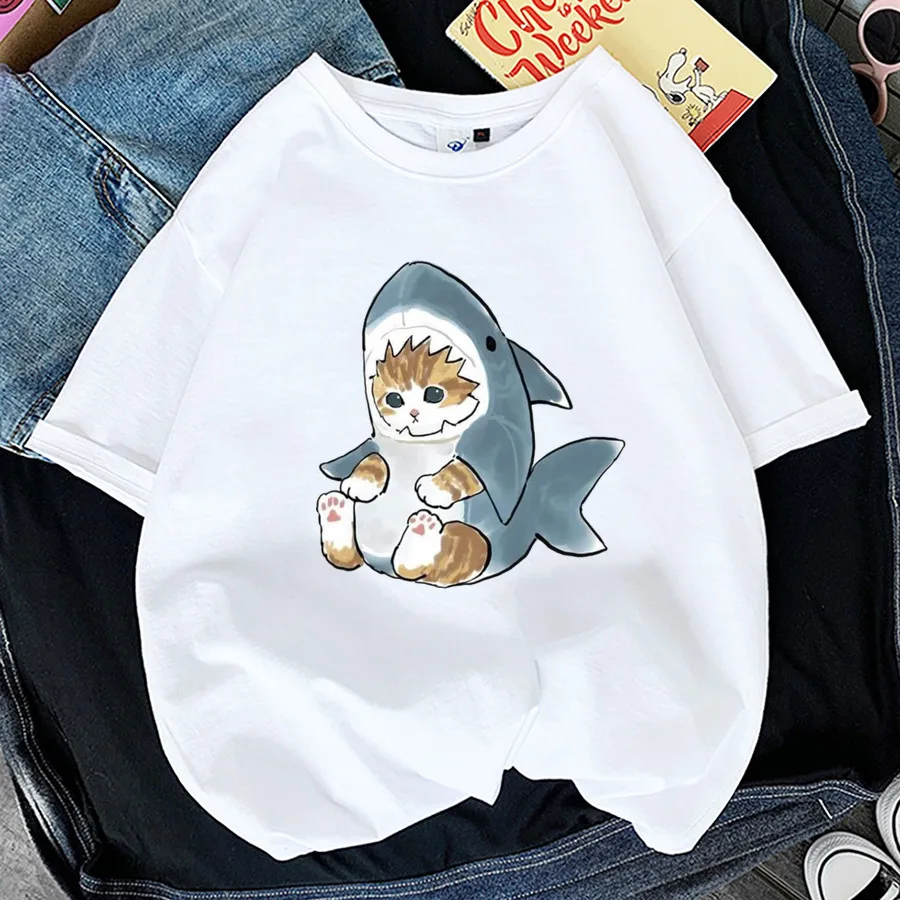 Kawaii Cat Shark Женская забавная Футболка с принтом животных Y2K Модные топы 90-х футболка