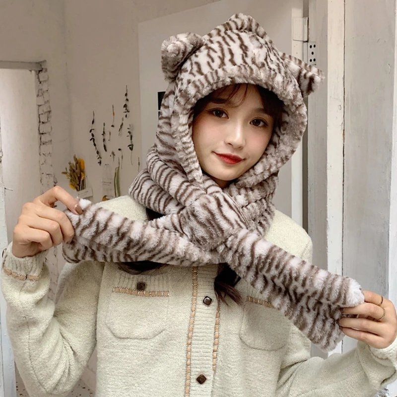 

Women Winter 2 In 1 Hooded Scarf Beanie Hat Zebra-Striped Bear Ears Earflap Cap M5TE